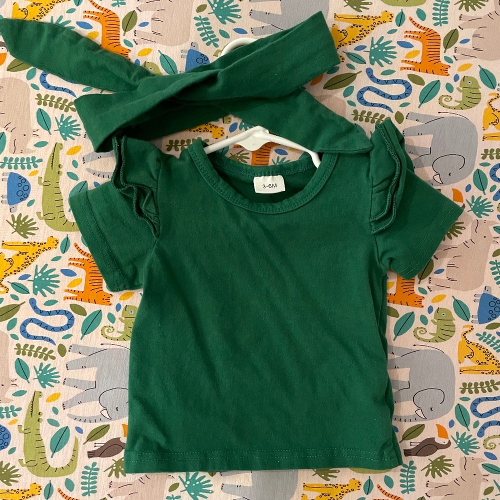 Girls Dark Green T-shirt with matching bow 3-6M